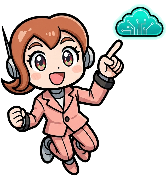 VEAI Lab cloud project manager mascot pointing to a cloud